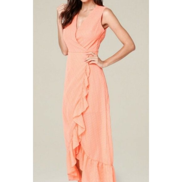 Bebe Textured Ruffle Surplice Maxi Dress Peach Pink NWT Size 2 | Wedding Guest S - Picture 1 of 9
